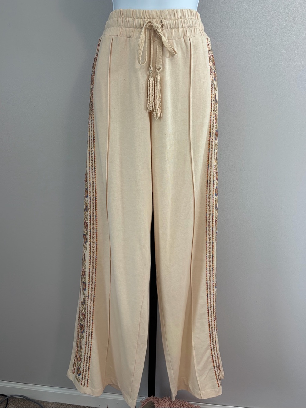 NWT Aratta Silent Journey- Beige Embroidered/Beaded Wide-Leg Pants